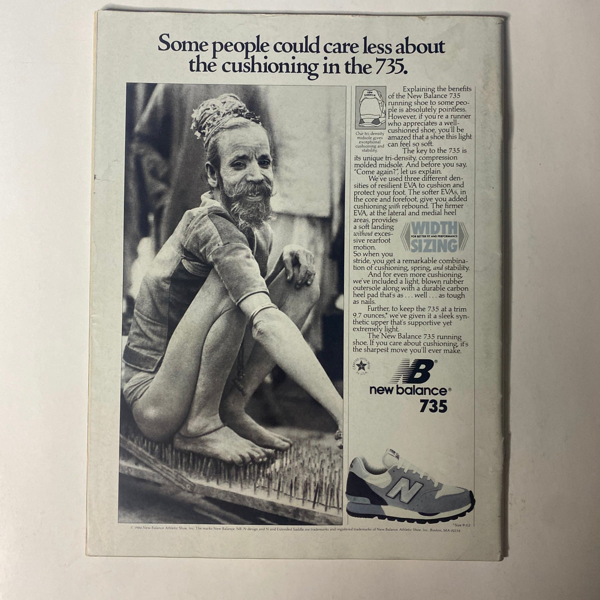 Back cover of TriAthlete Magazine January 1986, No. 29, featuring a New Balance advertisement with a man sitting and showcasing the 735 model, emphasizing casual sport style.