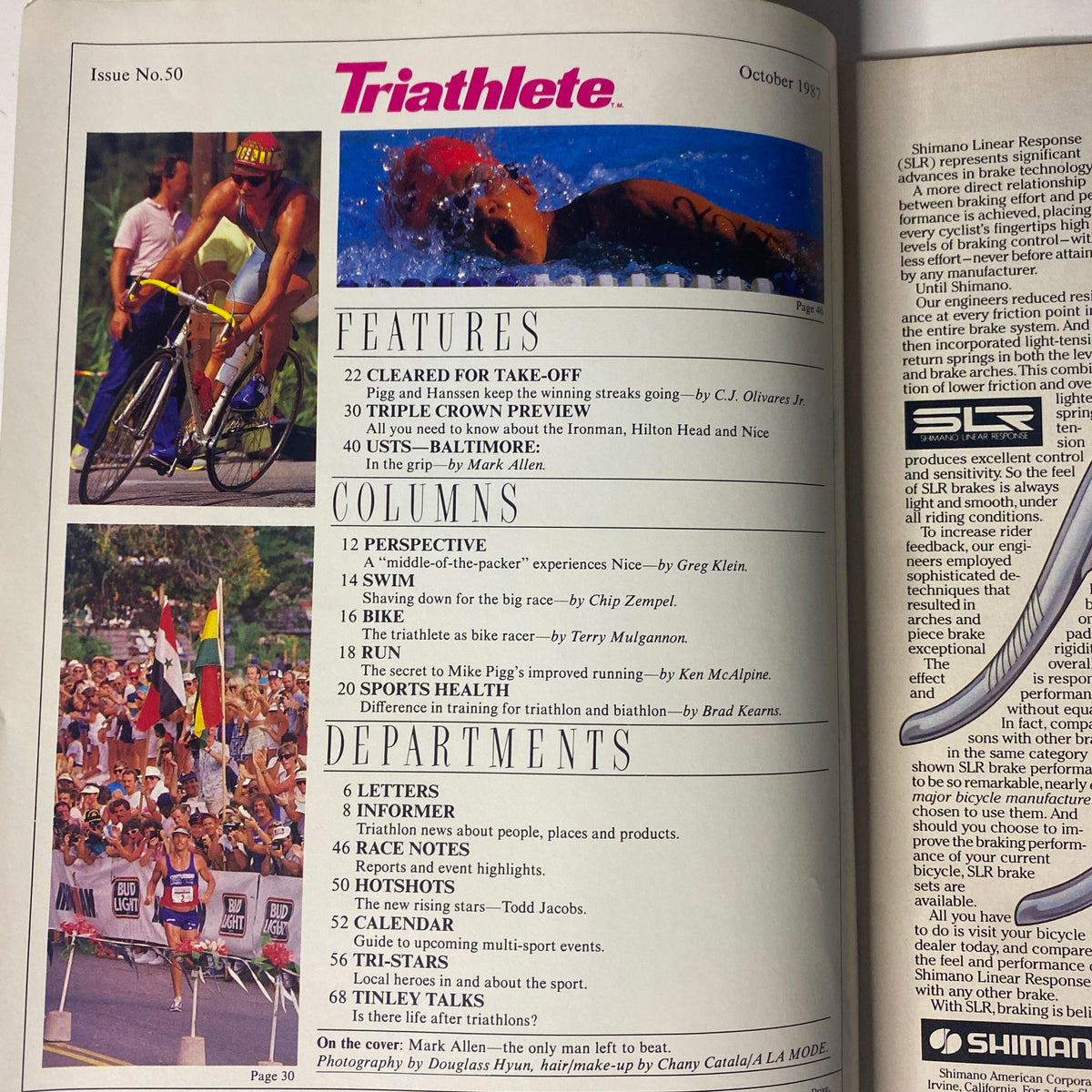 Inside page of Triathlete Magazine October 1987 No. 50, displaying features and columns about triathlon events, including cycling and swimming highlights.