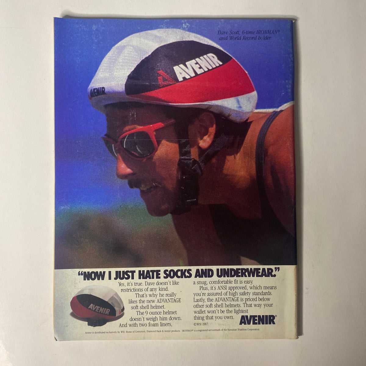 Advertisement from Triathlete Magazine April 1988 No. 55 featuring a triathlete with the quote, 'NOW I JUST HATE SOCKS AND UNDERWEAR', promoting Avenir gear.
