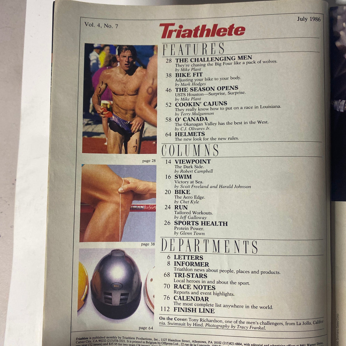 Interior page of Triathlete Magazine July 1986 Vol 4 No. 7 showcasing the table of contents, including features like 'The Challenging Men' and columns on triathlon training.
