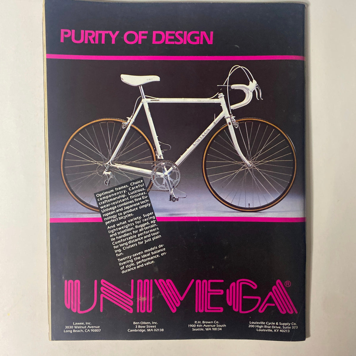 Back cover of Triathlete Magazine July 1986 Vol 4 No. 7, displaying an advertisement for UNIVEGA bicycles, emphasizing design and performance.