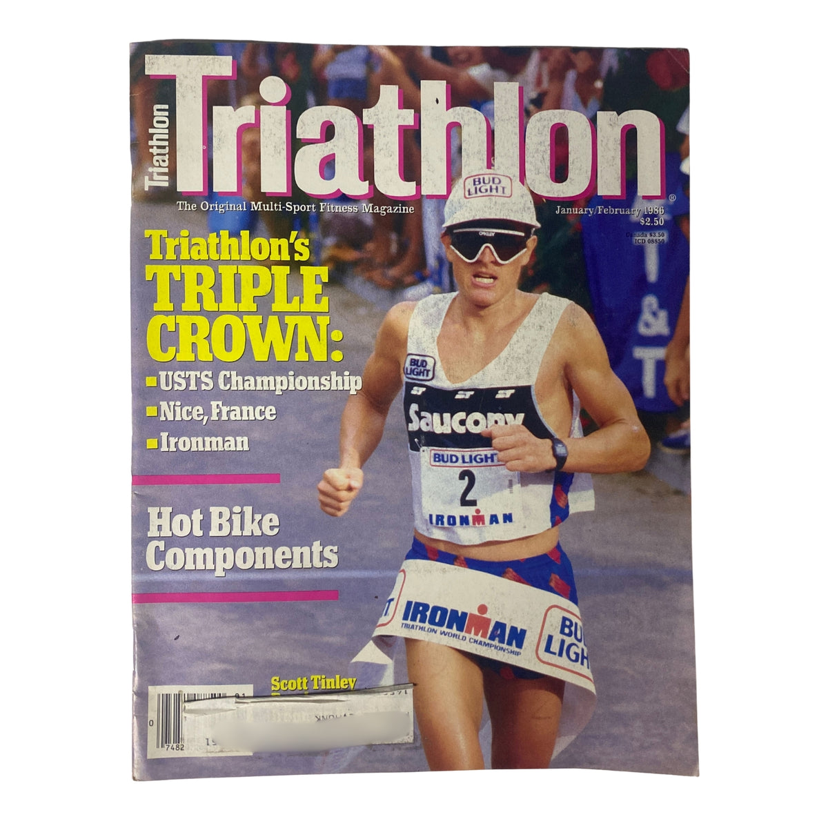 Triathlon Magazine January/February 1986 featuring Scott Tinley on the cover, highlighting Triathlon's Triple Crown, USTS Championship, and Ironman articles.