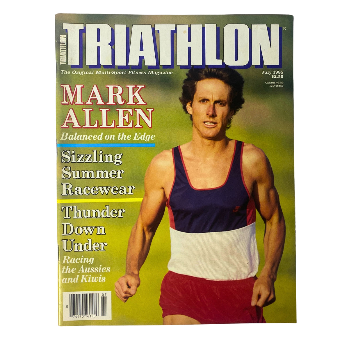 Cover of Triathlon Magazine from July 1985 featuring Mark Allen, highlighting themes such as 'Sizzling Summer Racewear' and 'Thunder Down Under'. This vintage edition is marked as Volume 3, Number 4 and is in very good condition.