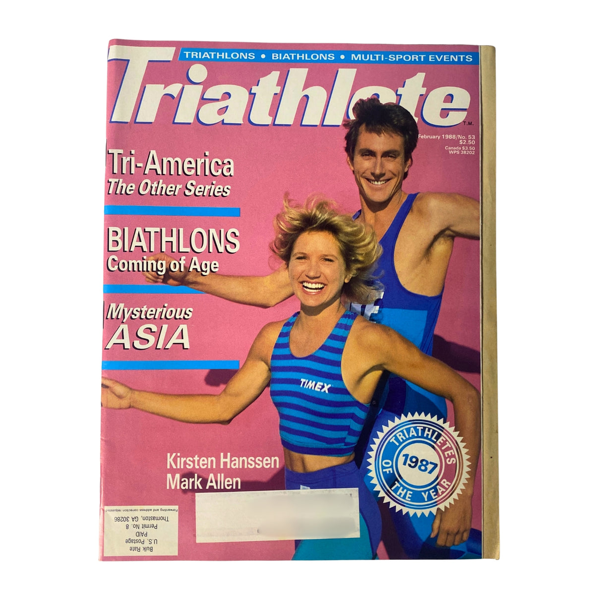 Cover of Triathlete Magazine February 1988 No. 53 featuring Mark Allen and Kirsten Hanssen, highlighting themes of Tri-America, biathlons, and mysterious Asia with emphasis on their recognition as the 1987 Triathletes of the Year.