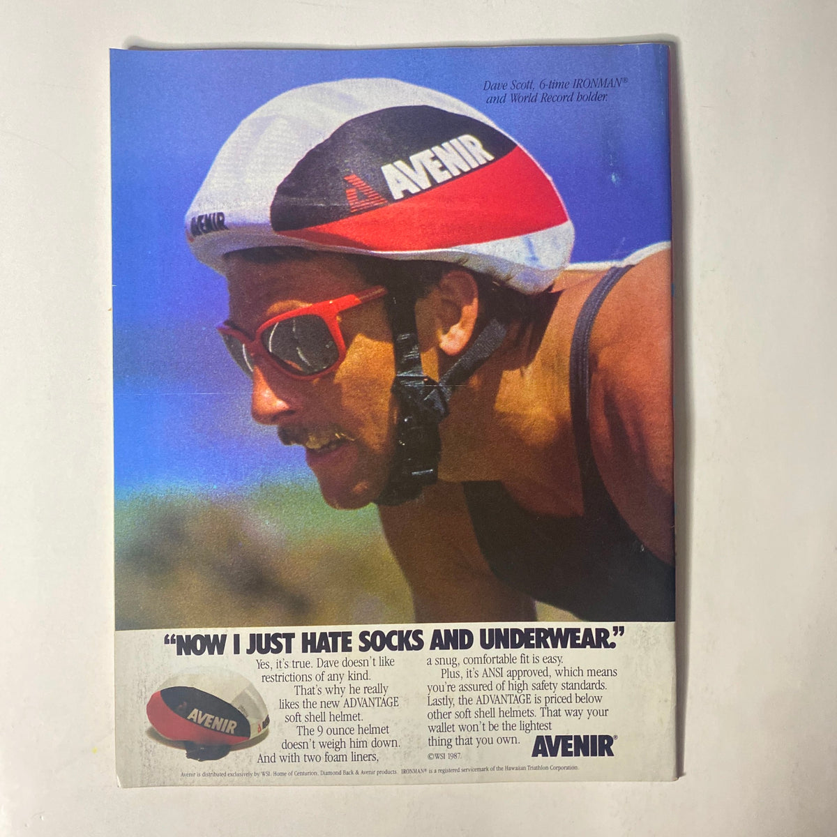 Advertisement from Triathlete Magazine February 1988 highlighting Dave Scott, six-time Ironman champion, promoting Avenir products with the quote 'NOW I JUST HATE SOCKS AND UNDERWEAR'.
