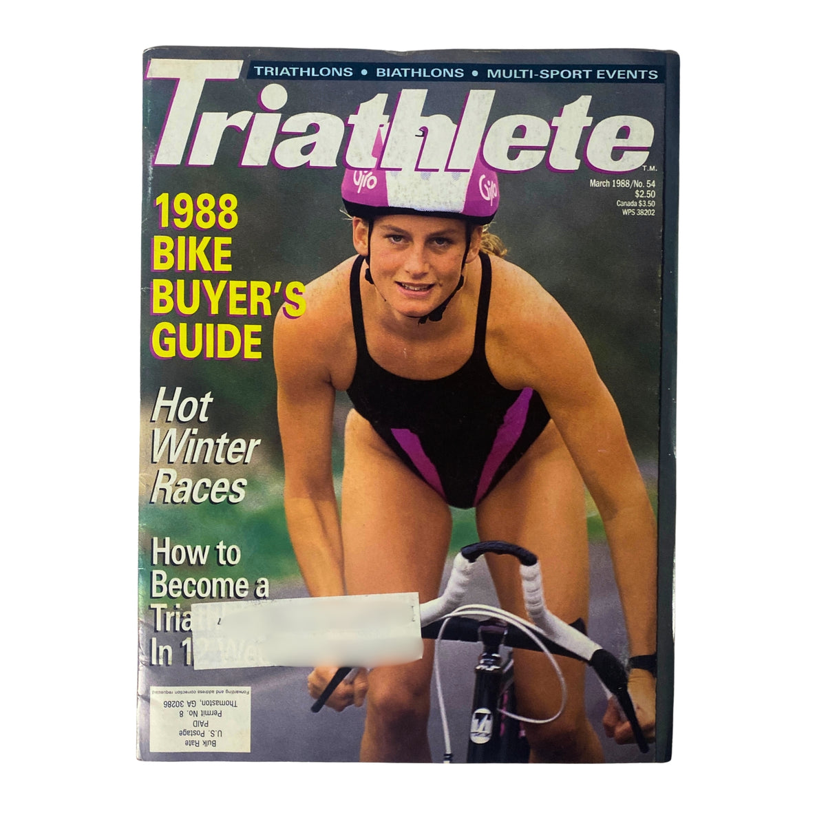Cover of Triathlete Magazine, March 1988, No. 54 featuring Shannon Delaney in a swimsuit, showcasing the 1988 Bike Buyer's Guide and promoting hot winter races.