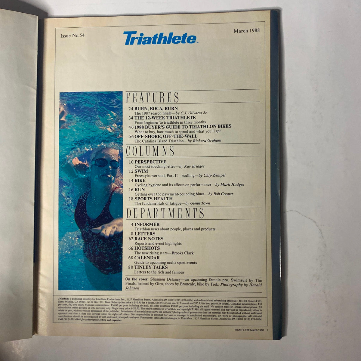 Inside page of Triathlete Magazine, March 1988, No. 54 highlighting features, columns, and departments including a buyer’s guide to triathlon bikes and training tips.
