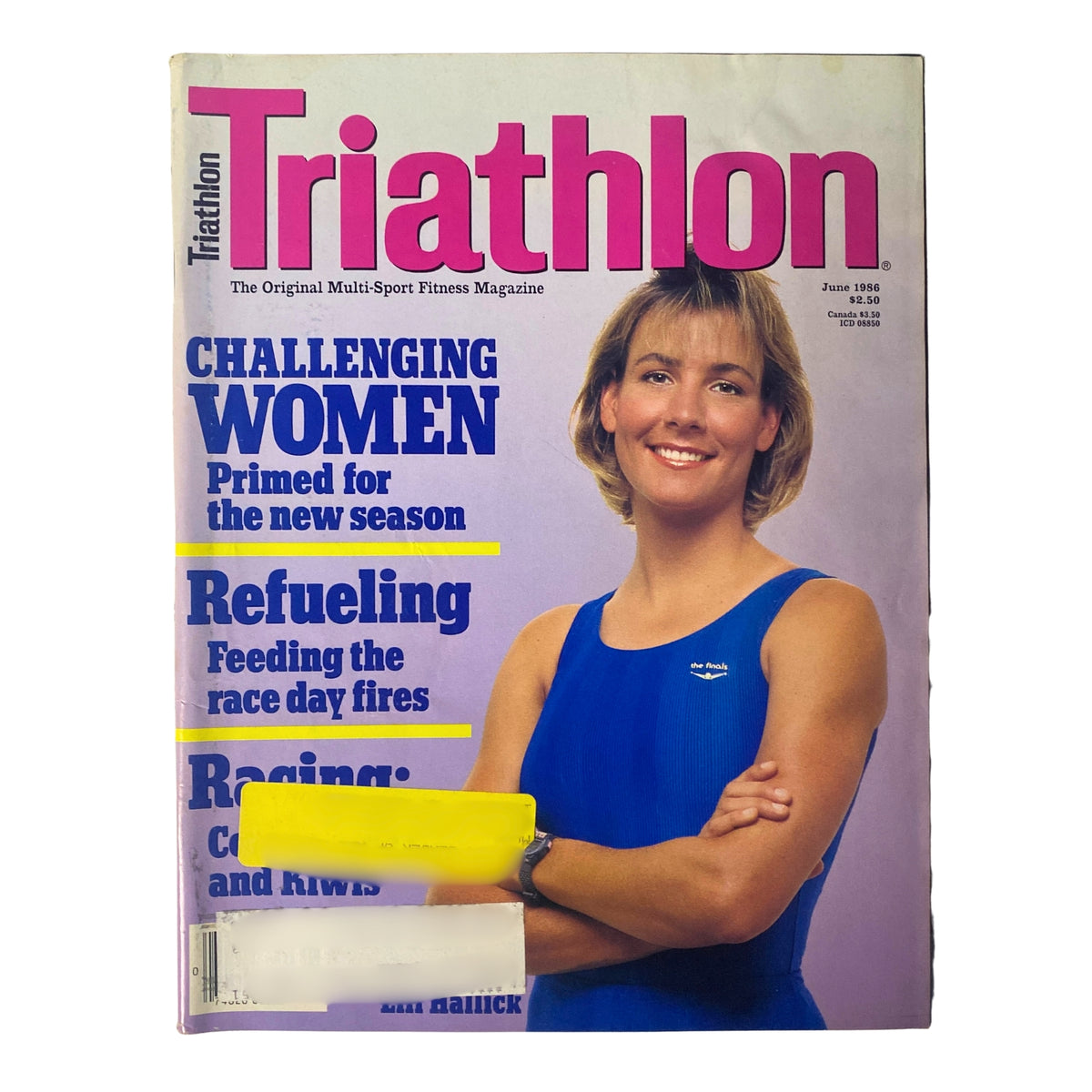 Triathlon Magazine June 1986 Vol 4 No 5 featuring Florida Triathlete Lill Hallick on the cover, highlighting women in sports and motivational themes.