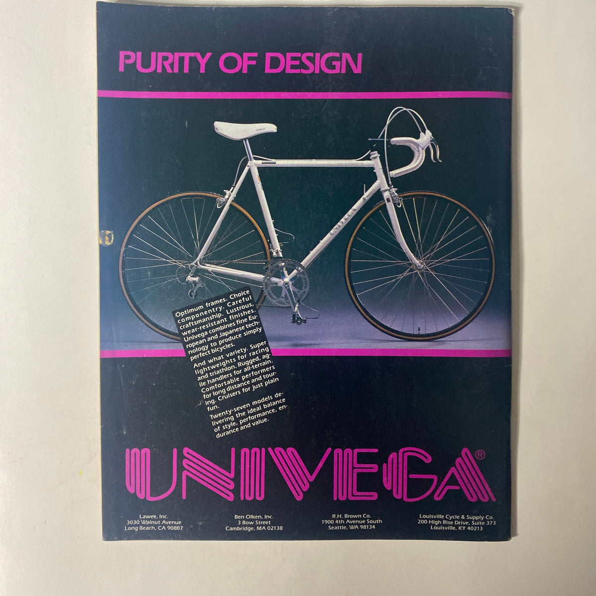Back cover of Triathlon Magazine June 1986 Vol 4 No 5 showcasing a stylish Univega bicycle, representing endurance sports equipment.