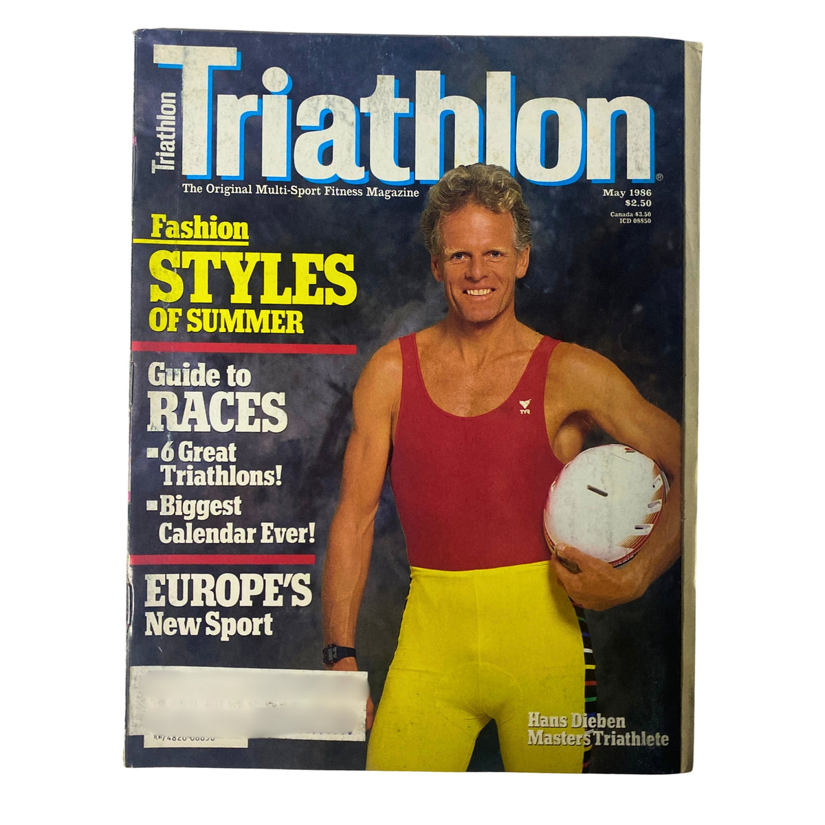 Triathlon Magazine cover from May 1986 featuring Hans Dieben, Masters Triathlete in a red Lycra top and yellow cycling tights, showcasing the latest triathlon fashion and styles for summer.