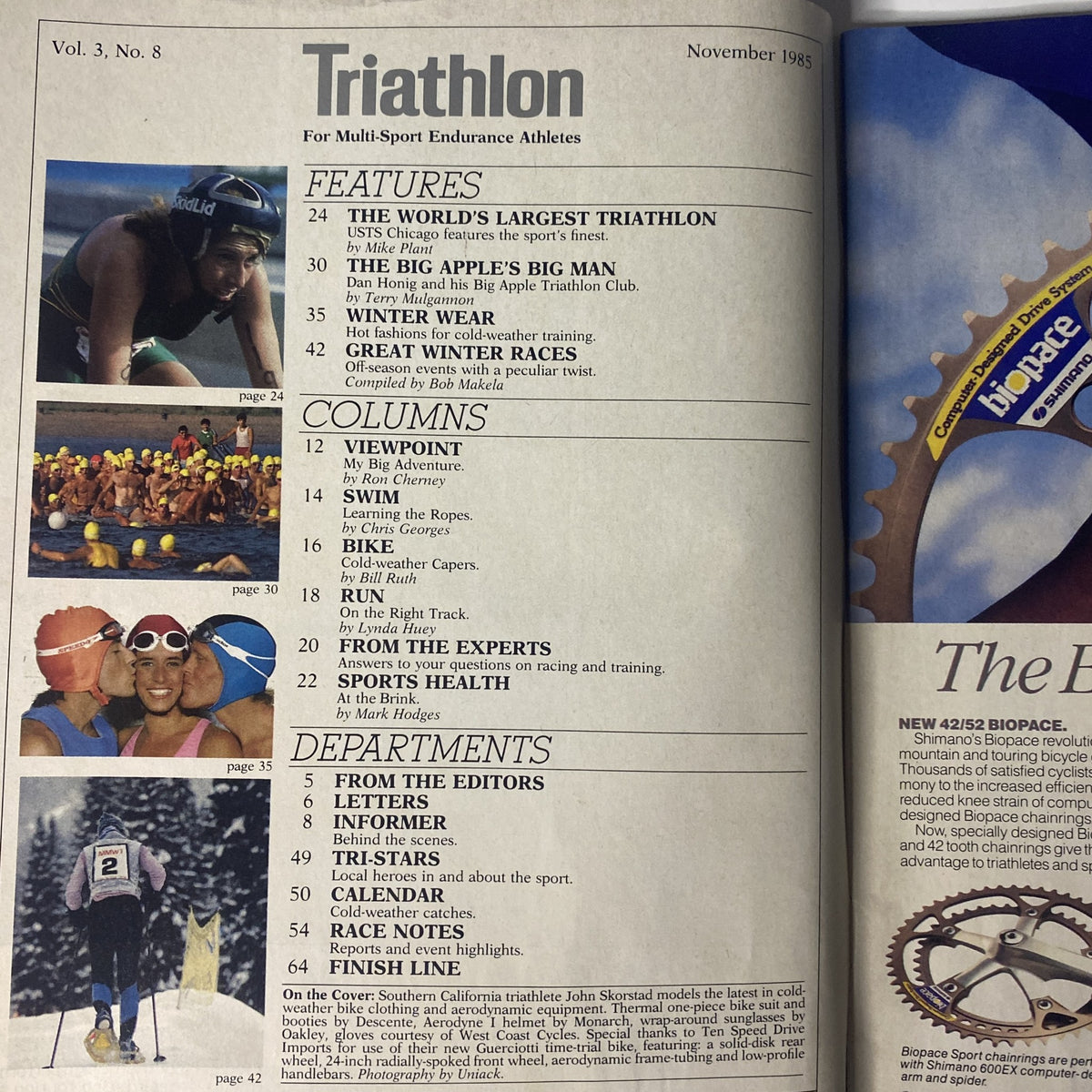 Table of Contents from Triathlon Magazine November 1985 Vol 3 No. 8, listing features such as The World's Largest Triathlon and profiles of notable triathletes.