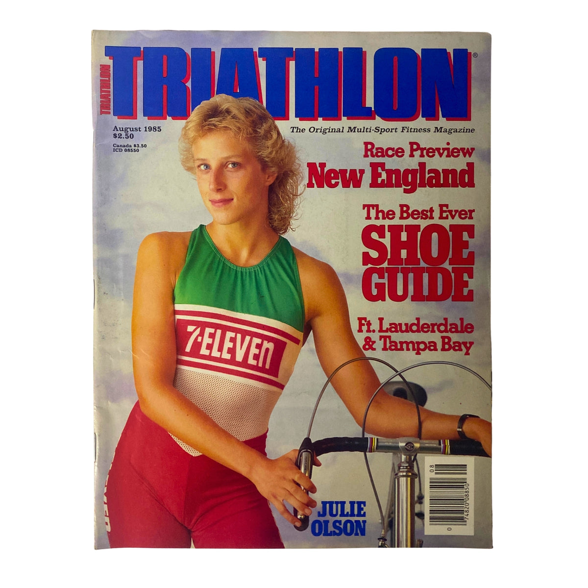 Triathlon Magazine August 1985 cover featuring triathlete Julie Olson. The magazine highlights a shoe guide and race previews for New England, capturing the essence of endurance sports from the mid-1980s.