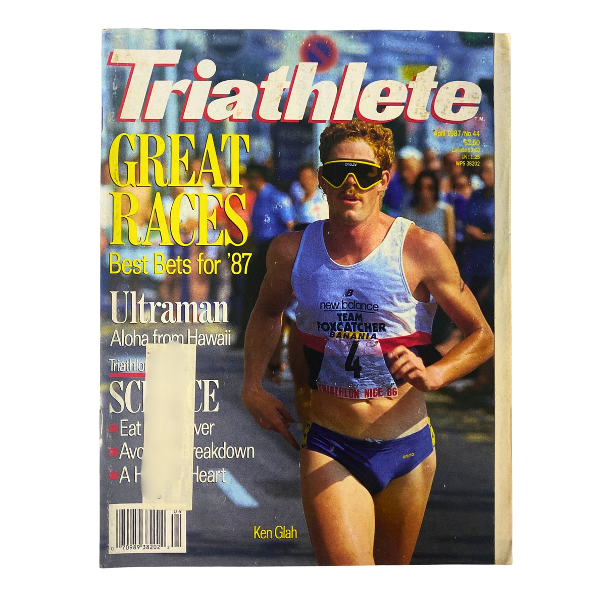 Triathlete Magazine April 1987 No. 44 featuring Ken Glah at Nice World Championship on the cover, showcasing highlights of the 1987 triathlon season and training tips.