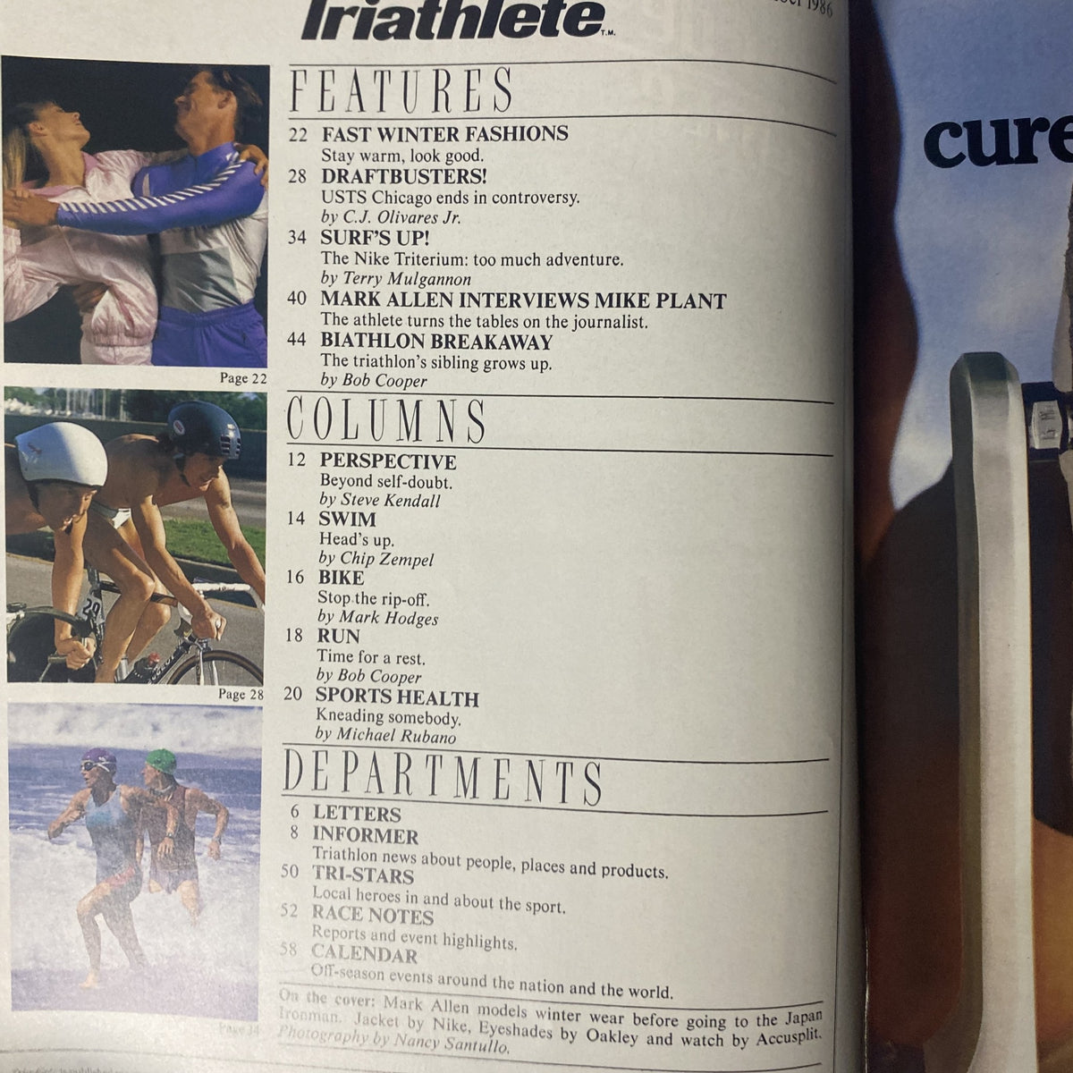 Contents page of Triathlete Magazine November 1986 No. 39, detailing features like 'Fast Winter Fashions' and 'Mark Allen Interviews Mike Plant'.
