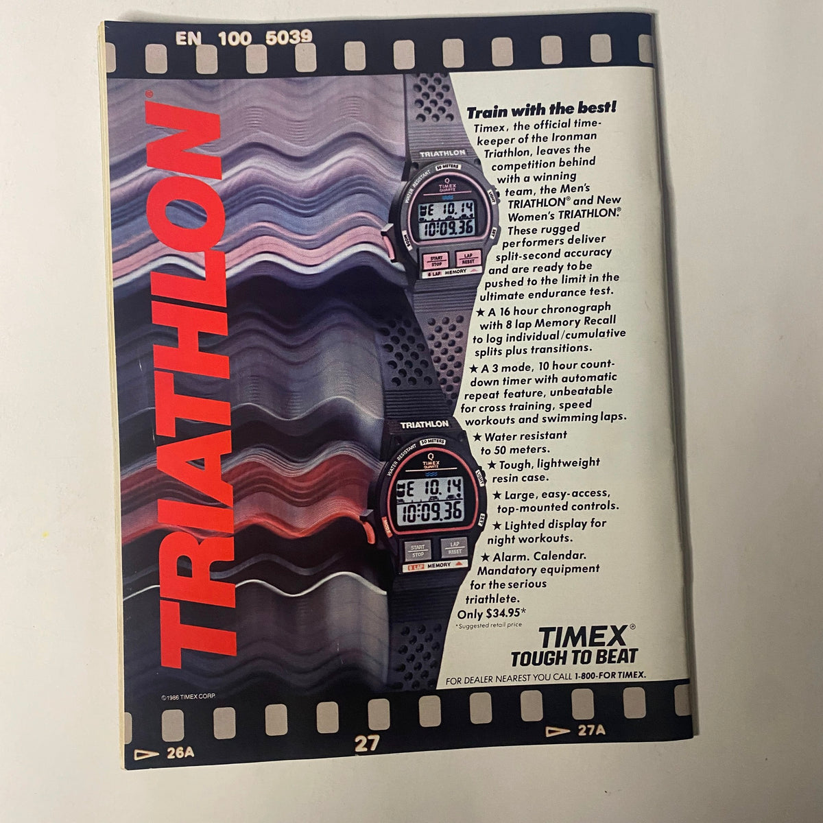 Advertising page from Triathlete Magazine November 1986 No. 39 for Timex watches, promoting training gear for triathletes.