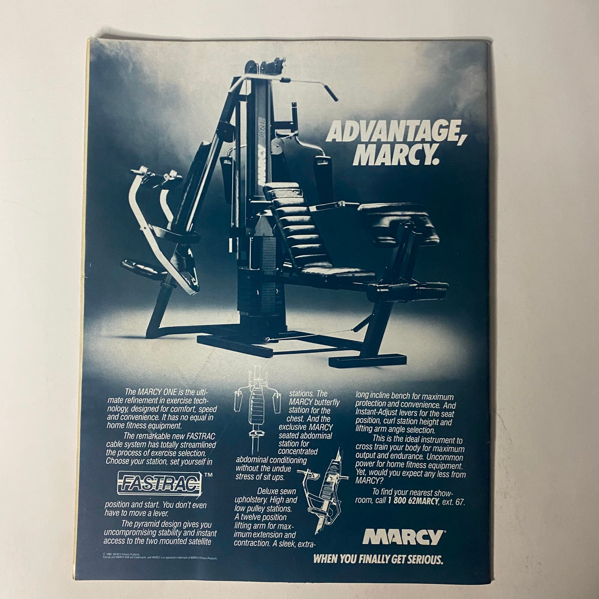 Back cover of Triathlete Magazine December 1986 No. 40 showcasing Marcy fitness equipment advertisement, designed for serious athletes looking to enhance their training.