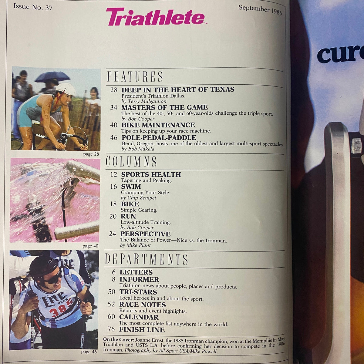 Contents page from Triathlete Magazine - September 1986, Issue No. 37 detailing features, columns, and departments including coverage on biking and triathlon events.