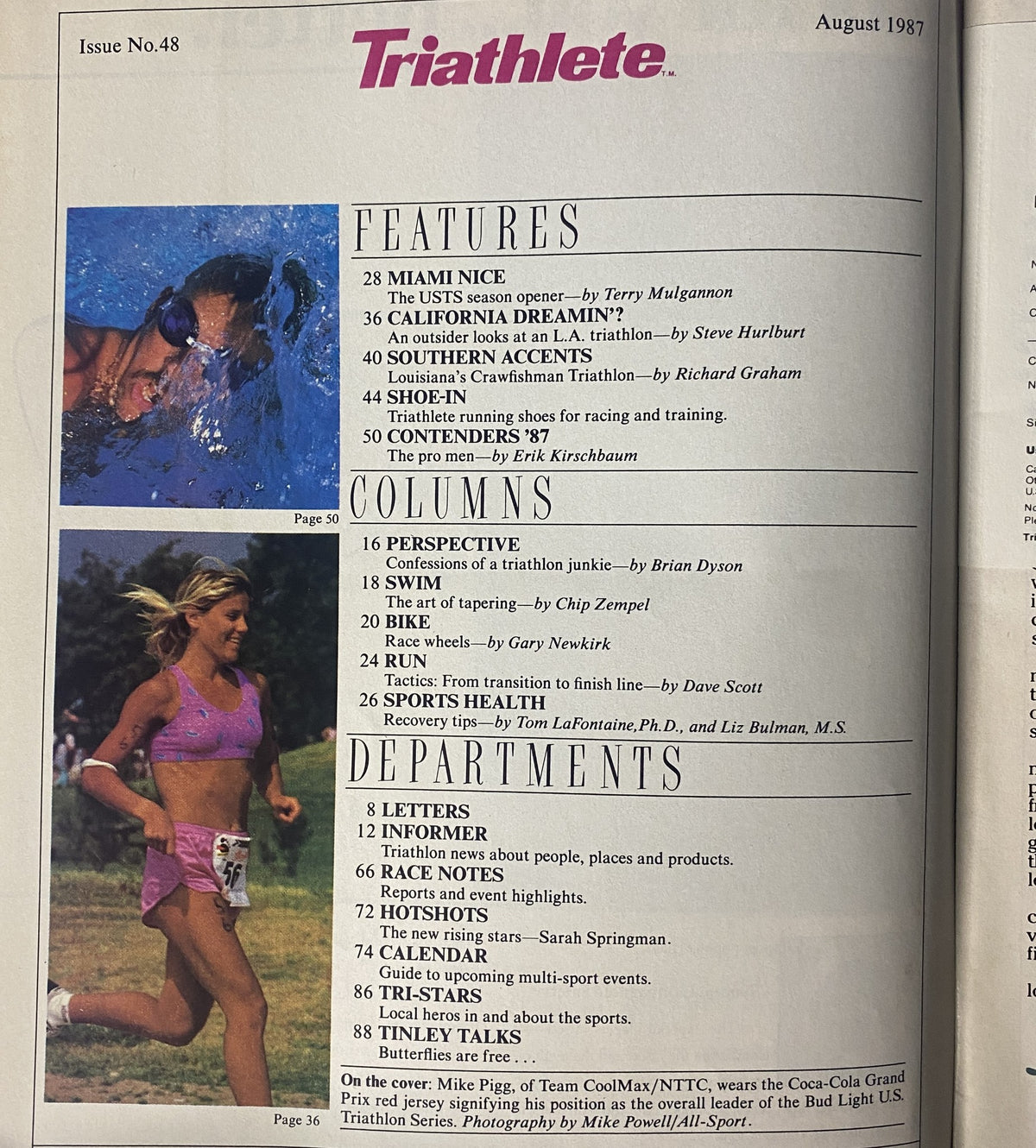 Interior page of Triathlete Magazine August 1987 No. 48 showcasing features, columns, and departments including topics like Miami Nice, California Dreamin’, and training shoes.