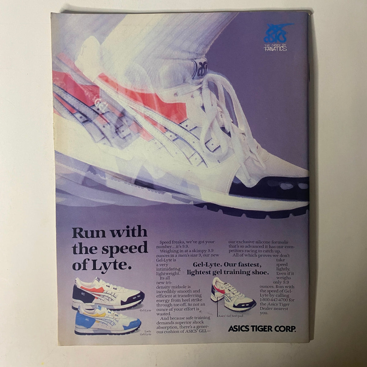 Advertisement from the back of Triathlete Magazine August 1987 No. 48 for ASICS Tiger Corp, promoting the Gel-Lyte training shoe with a vibrant design.