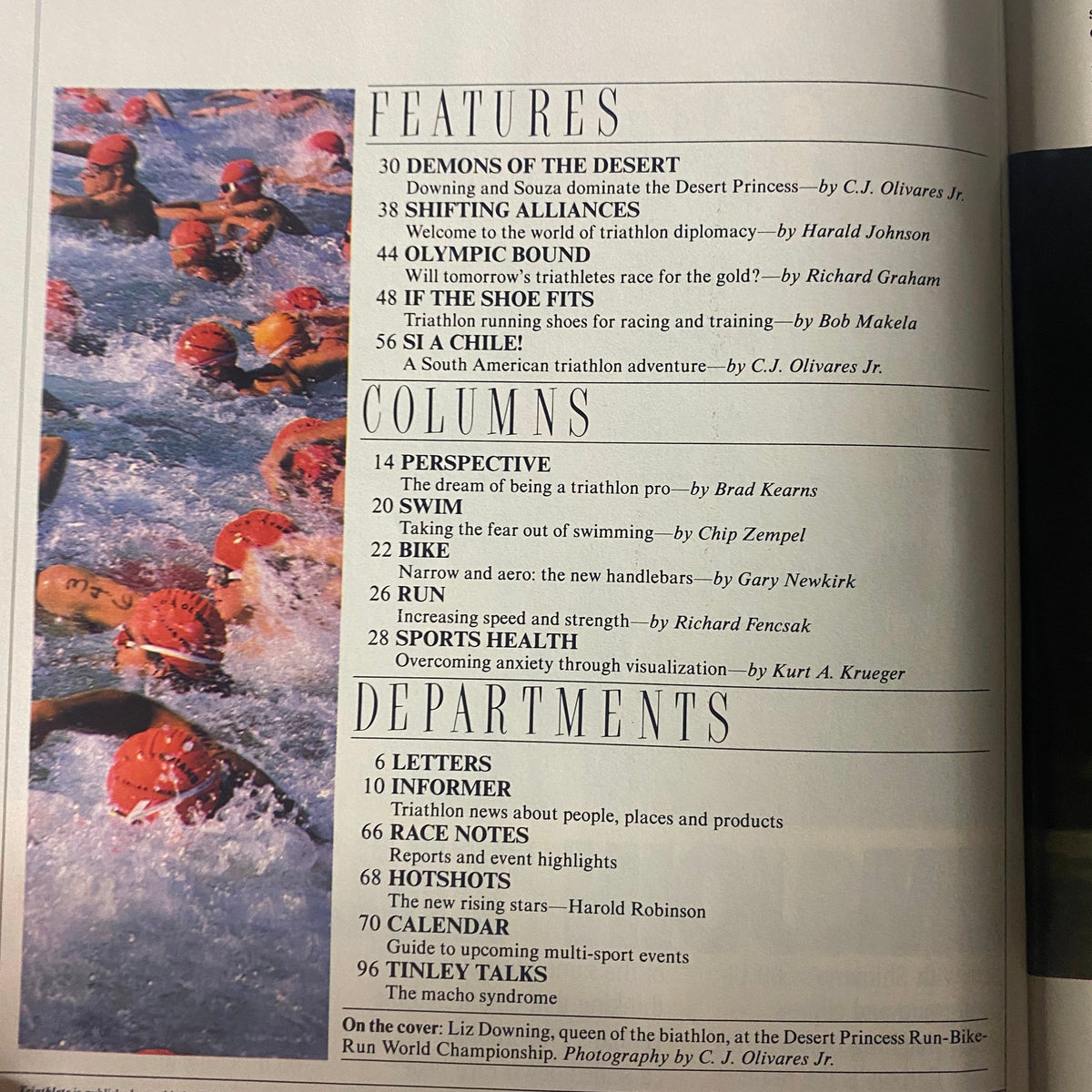 Inside page of Triathlete Magazine June 1988 No. 57, outlining features and columns including 'Demons of the Desert' and insights into triathlon dynamics.