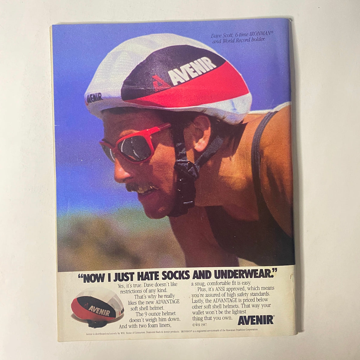 Back cover of Triathlete Magazine June 1988 No. 57, featuring a promotional advertisement for Avenir products, highlighting a humorous take on comfort during triathlons.