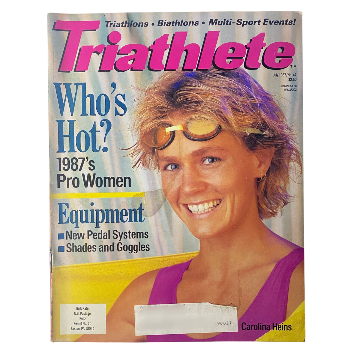 Cover of Triathlete Magazine July 1987 No. 47 featuring Carolina Heins, showcasing 'Who's Hot? 1987's Pro Women', highlighting the sport's growing professionalism and style.