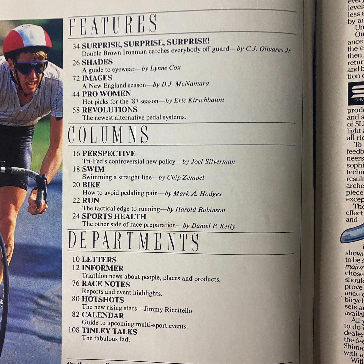 Contents page of Triathlete Magazine July 1987 No. 47, listing features such as 'Surprise, Surprise, Surprise!' and 'New Pedal Systems', offering insights into the triathlon community.