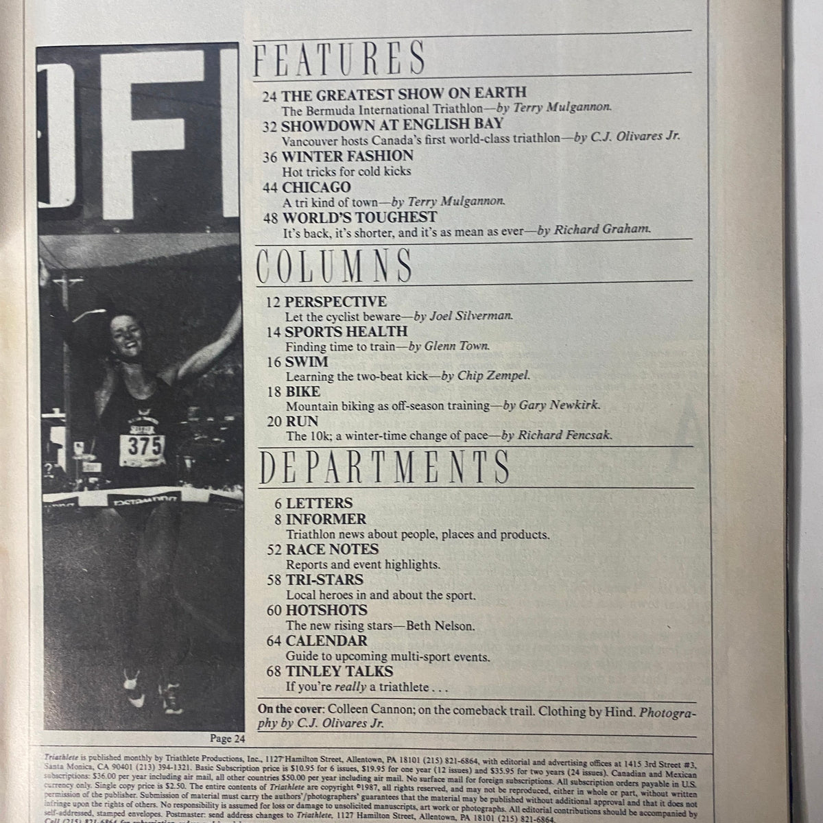 Inside page of Triathlete Magazine December 1987 No. 51 detailing features, columns, and departments including 'The Greatest Show on Earth' and 'Winter Fashion'.