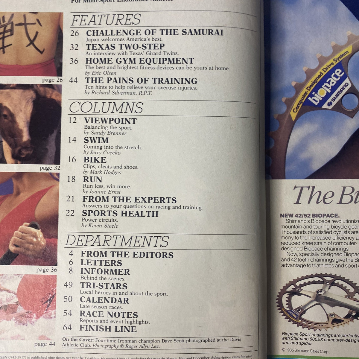 Inside page of Triathlete Magazine October 1985 featuring articles such as 'Challenge of the Samurai' and 'The Pains of Training', spotlighting Four-Time Ironman Champion Dave Scott.
