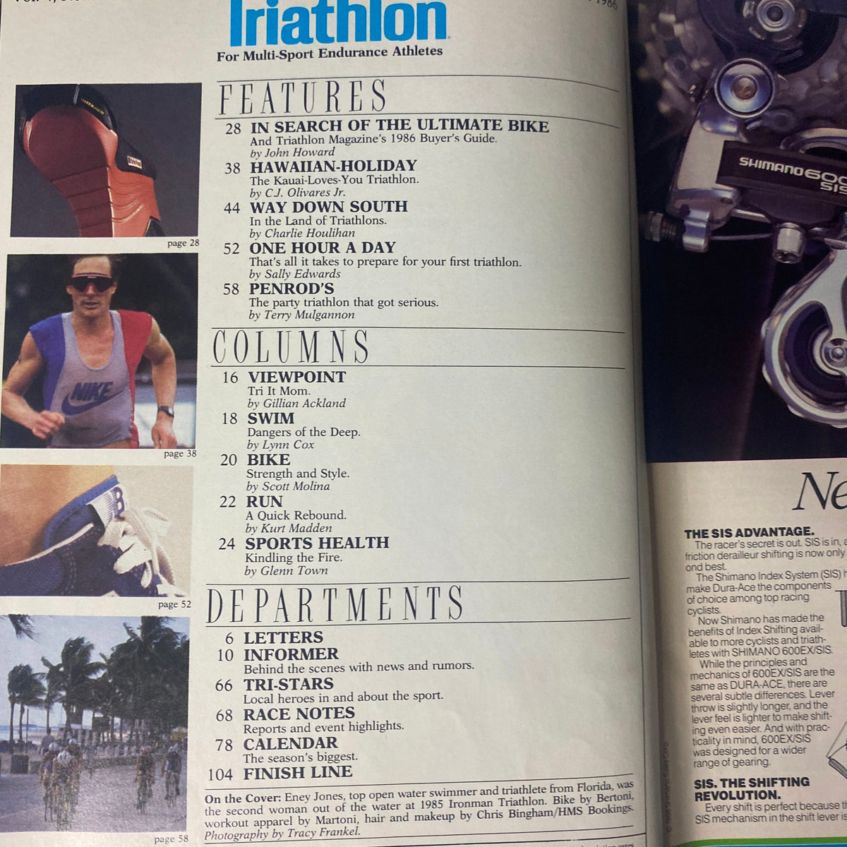 Inside page of Triathlon Magazine April 1986 listing features and columns, including 'In Search of the Ultimate Bike' and 'Swim, Bike, Run' sections, showcasing various articles and insights for triathlon enthusiasts.