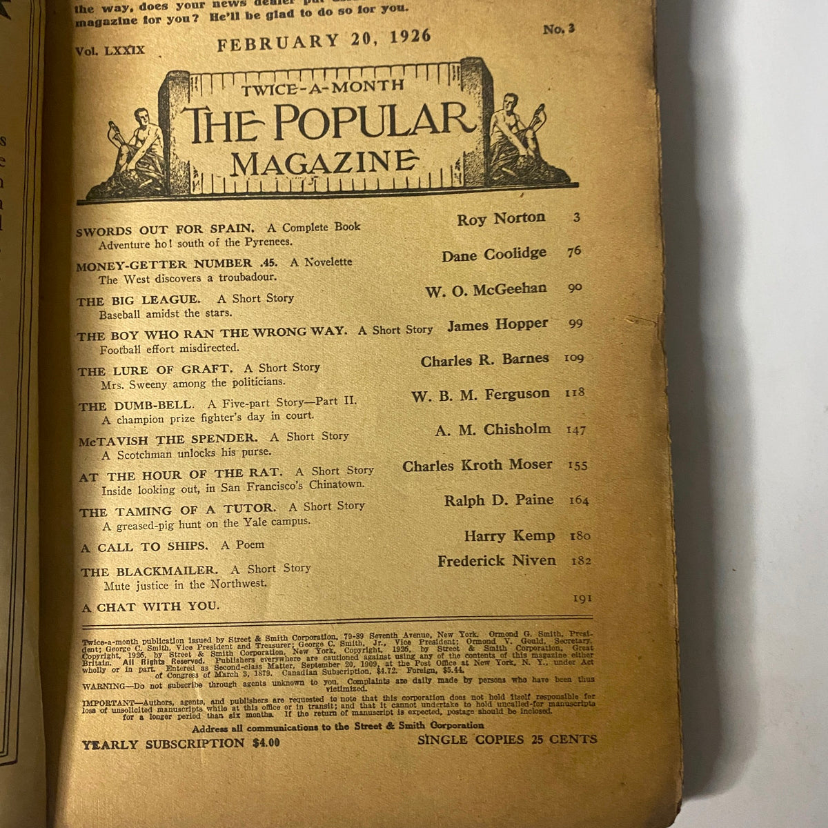 Interior page of The Popular Magazine, February 20, 1926, listing contents including 'Swords Out for Spain' by Roy Norton, presenting a compilation of stories and articles.