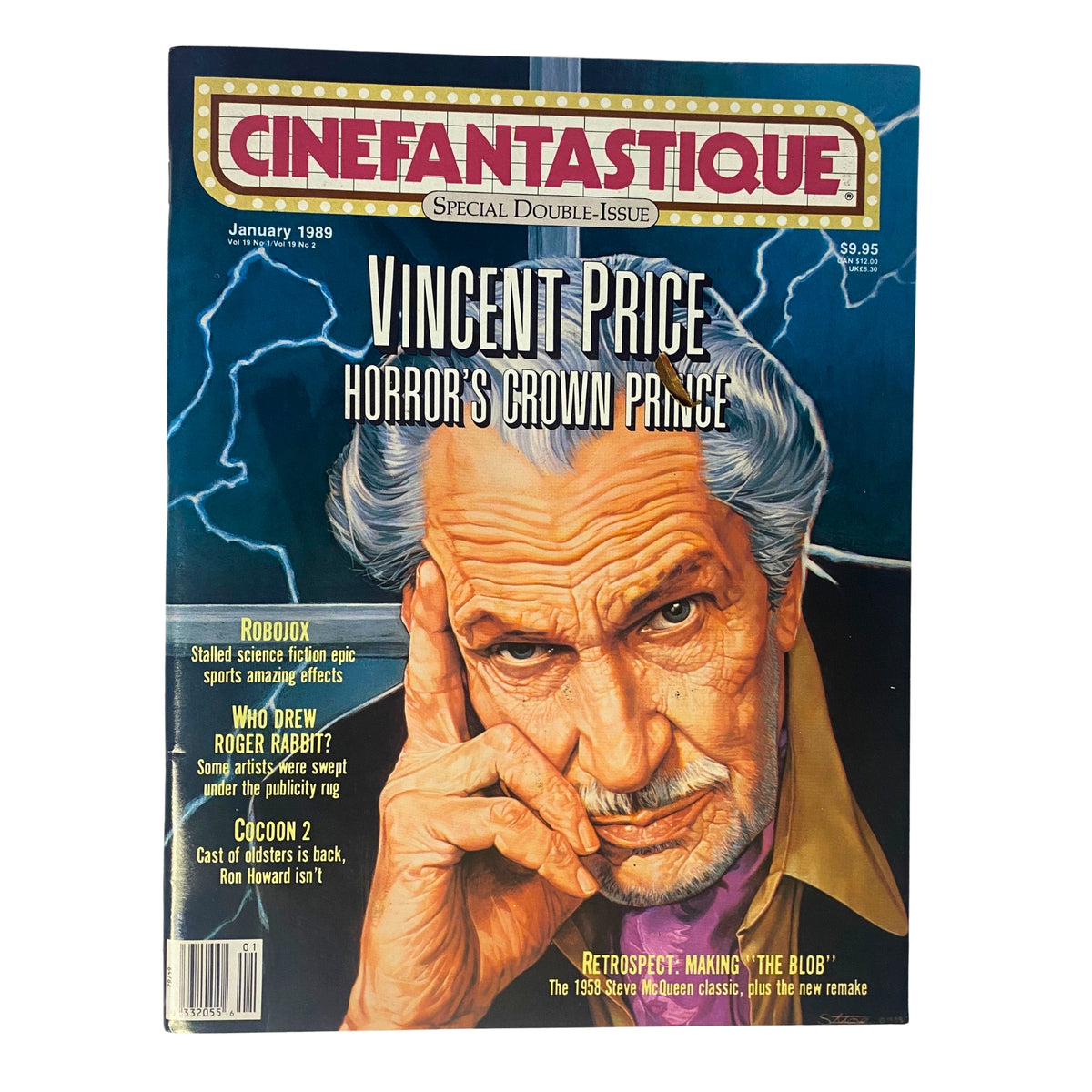 Cinefantastique Magazine January 1989 featuring Vincent Price on the cover, showcasing horror cinema with the title 'Horror's Crown Prince'. Illustration includes lightning background and a striking portrait of Vincent Price.