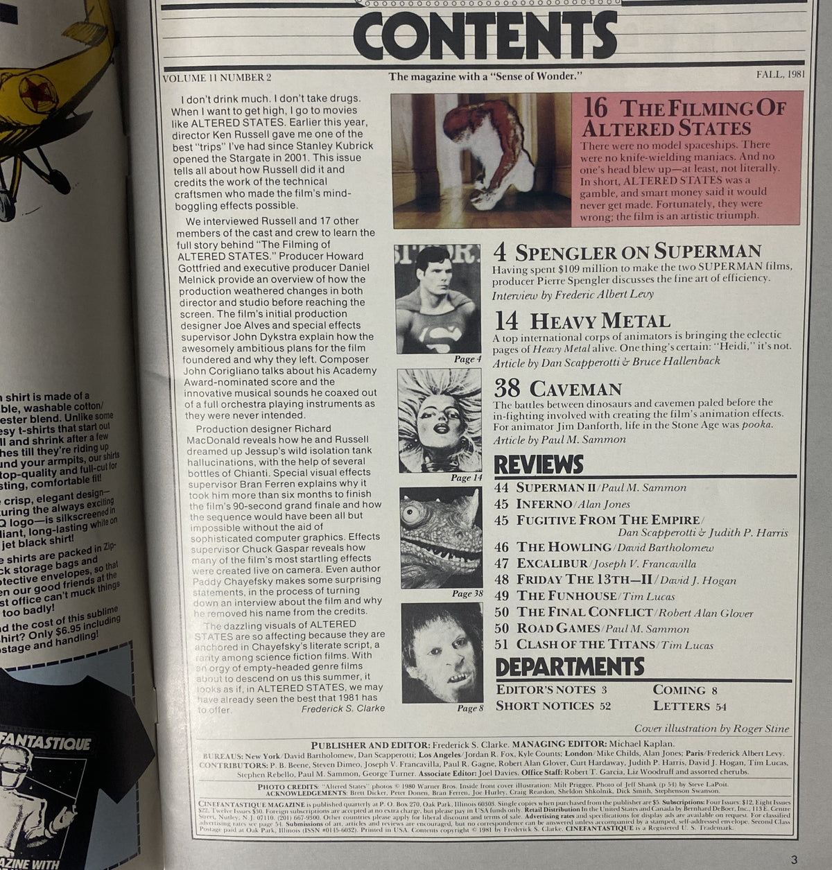 Contents page of Cinefantastique Magazine Fall 1981 Vol 11 No 2, listing features including 'The Filming of Altered States' and articles on Superman and Heavy Metal.
