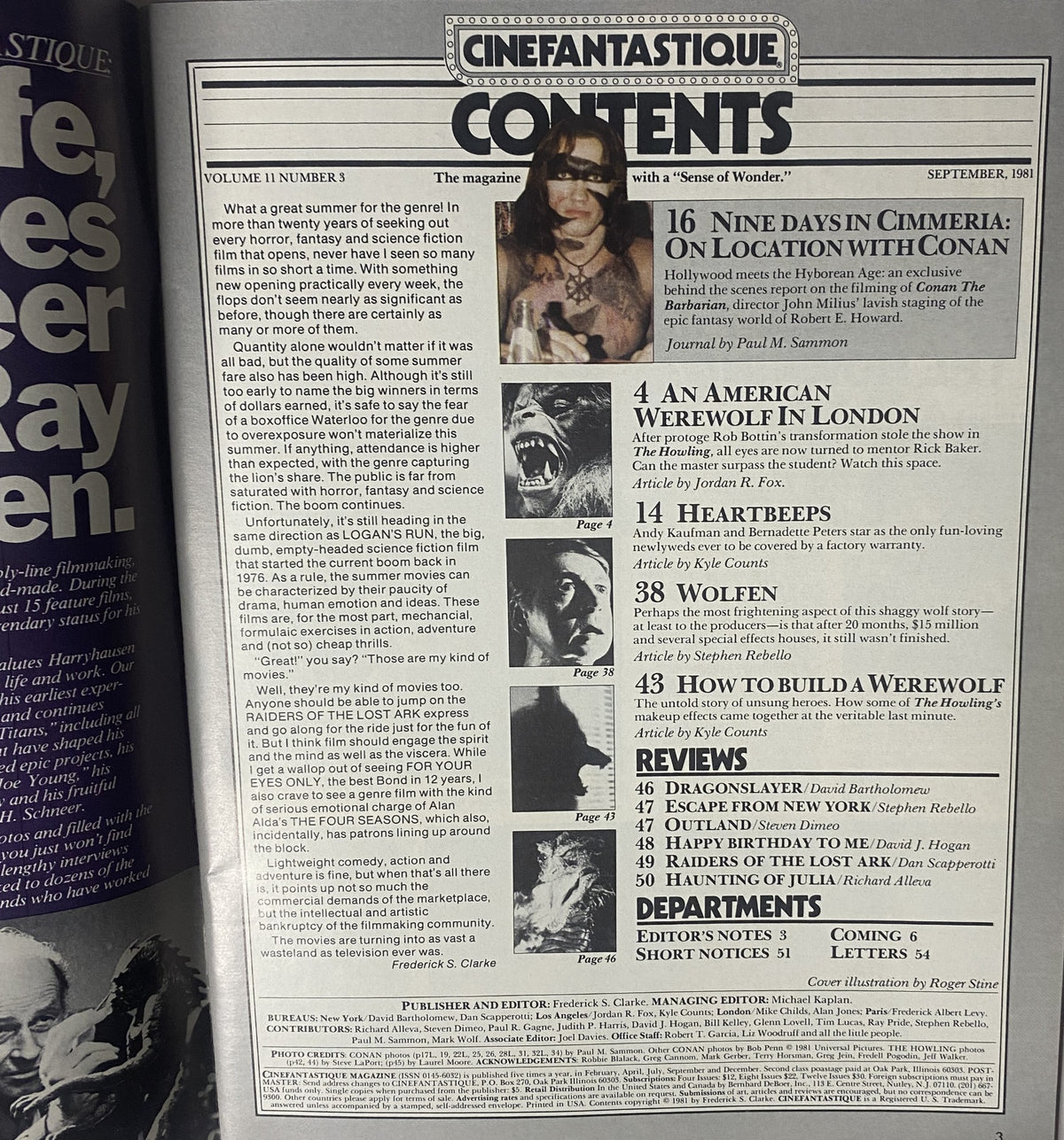 Contents page of Cinefantastique Magazine September 1981, listing articles including 'On Location with Conan' and features on classic horror films like 'An American Werewolf in London'.