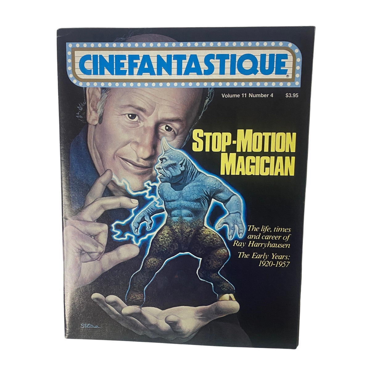 Cinefantastique Magazine December 1981 cover featuring Ray Harryhausen, highlighting stop-motion animation with an image of a blue creature, showcasing the title 'Stop-Motion Magician'.