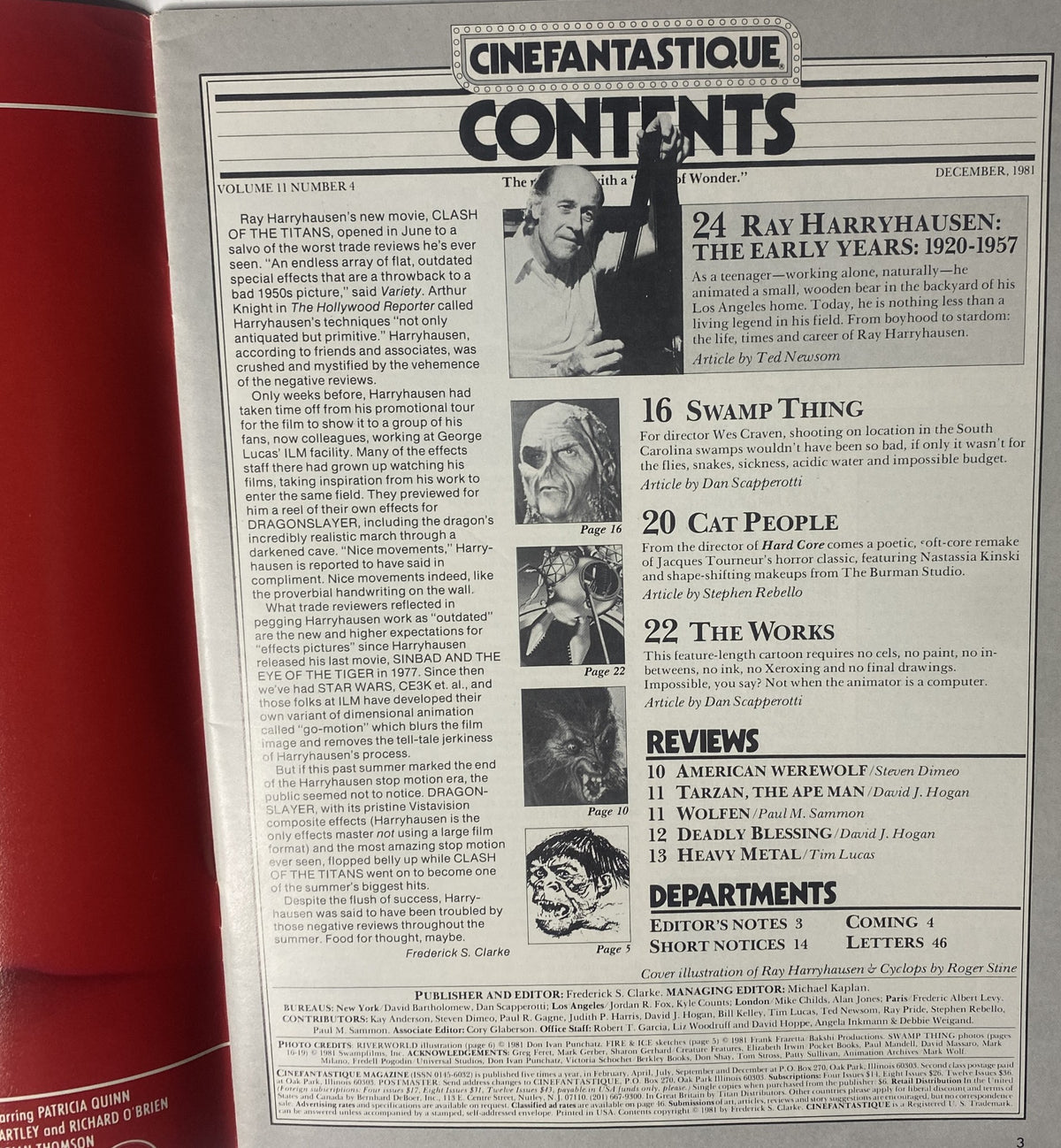 Interior page of Cinefantastique Magazine December 1981 displaying the table of contents, featuring articles on Ray Harryhausen's early years, 'Swamp Thing', 'Cat People', and 'The Works'.