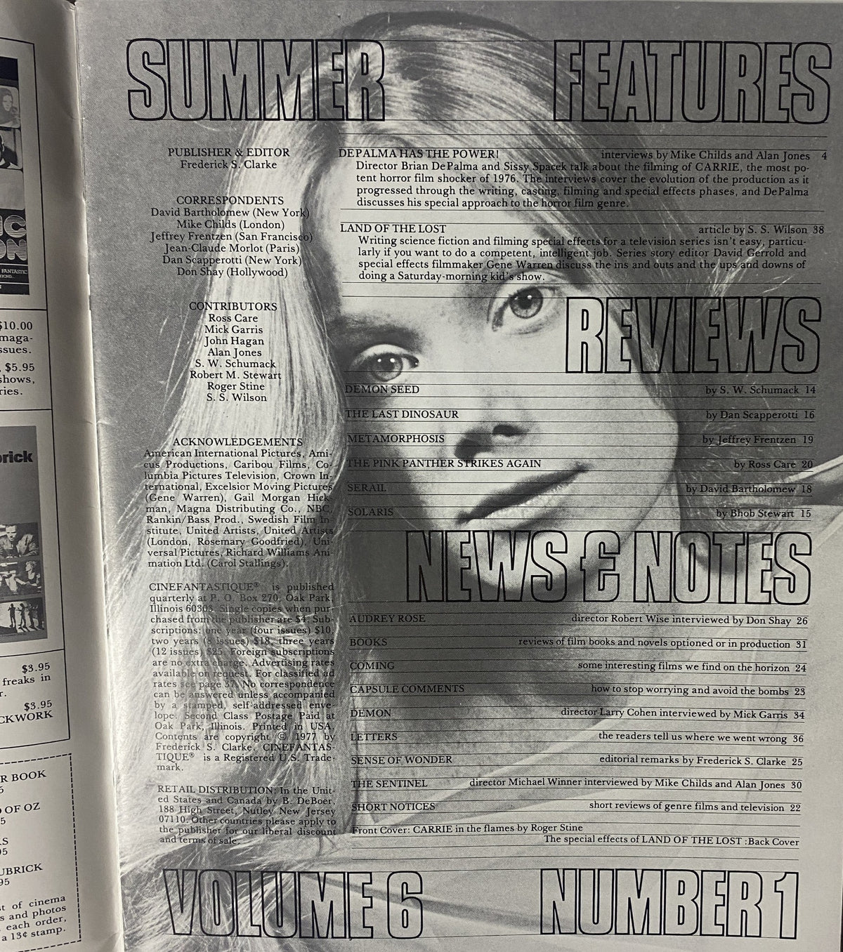 Cinefantastique Magazine 1977 Vol. 6 No. 1 featuring a vintage black and white layout, displaying the cover article 'DePalma Has the Power!' alongside notable sections like 'Features,' 'Reviews,' 'News & Notes,' and a prominent image of actress Sissy Spacek, celebrating the film 'Carrie'.