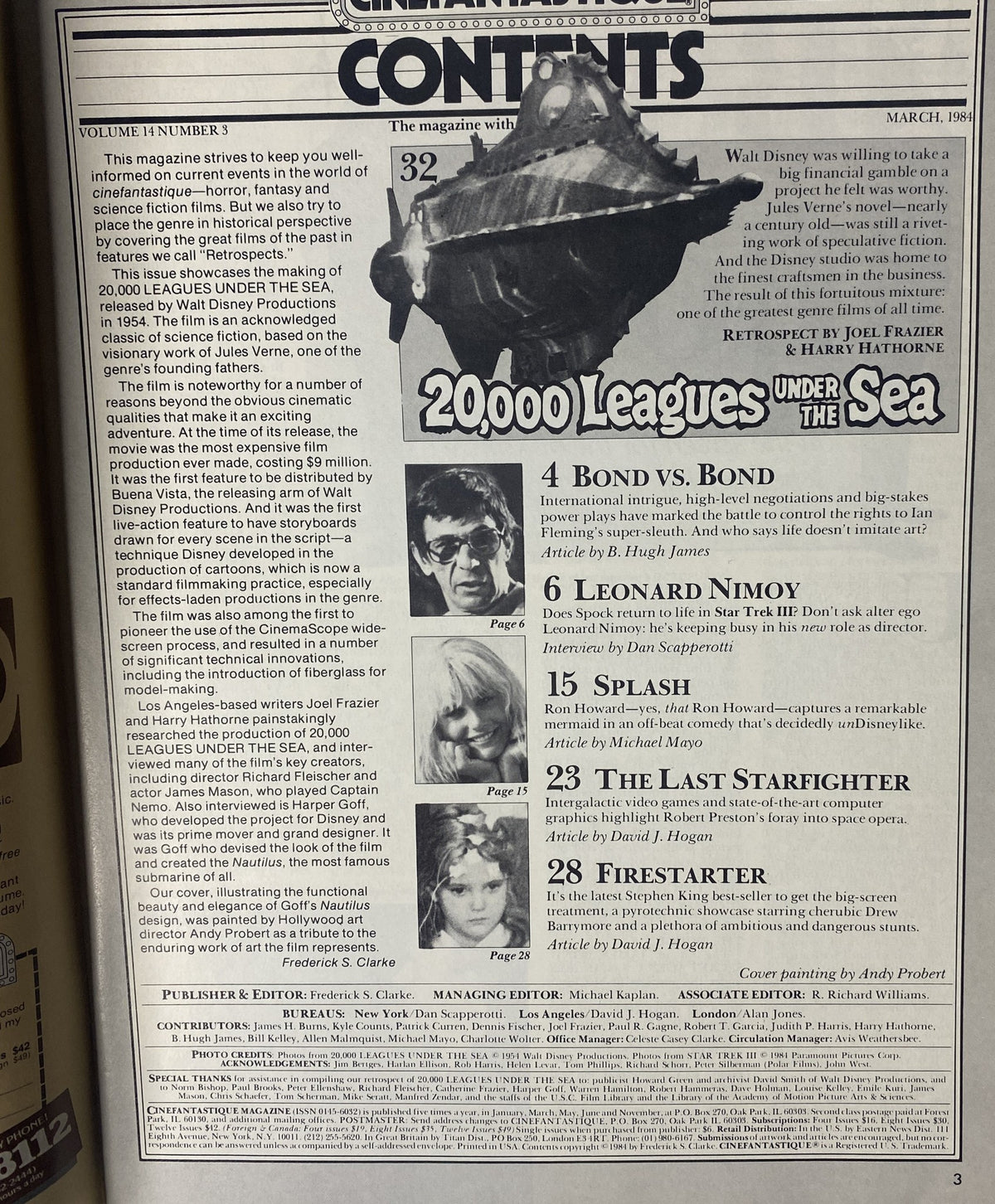 Table of contents from Cinefantastique Magazine May 1984, showcasing featured articles including a retrospective on 20,000 Leagues Under the Sea.