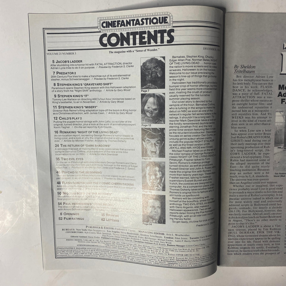 Contents page of Cinefantastique Magazine December 1990, listing features on Stephen King, Dark Shadows, and other horror films.
