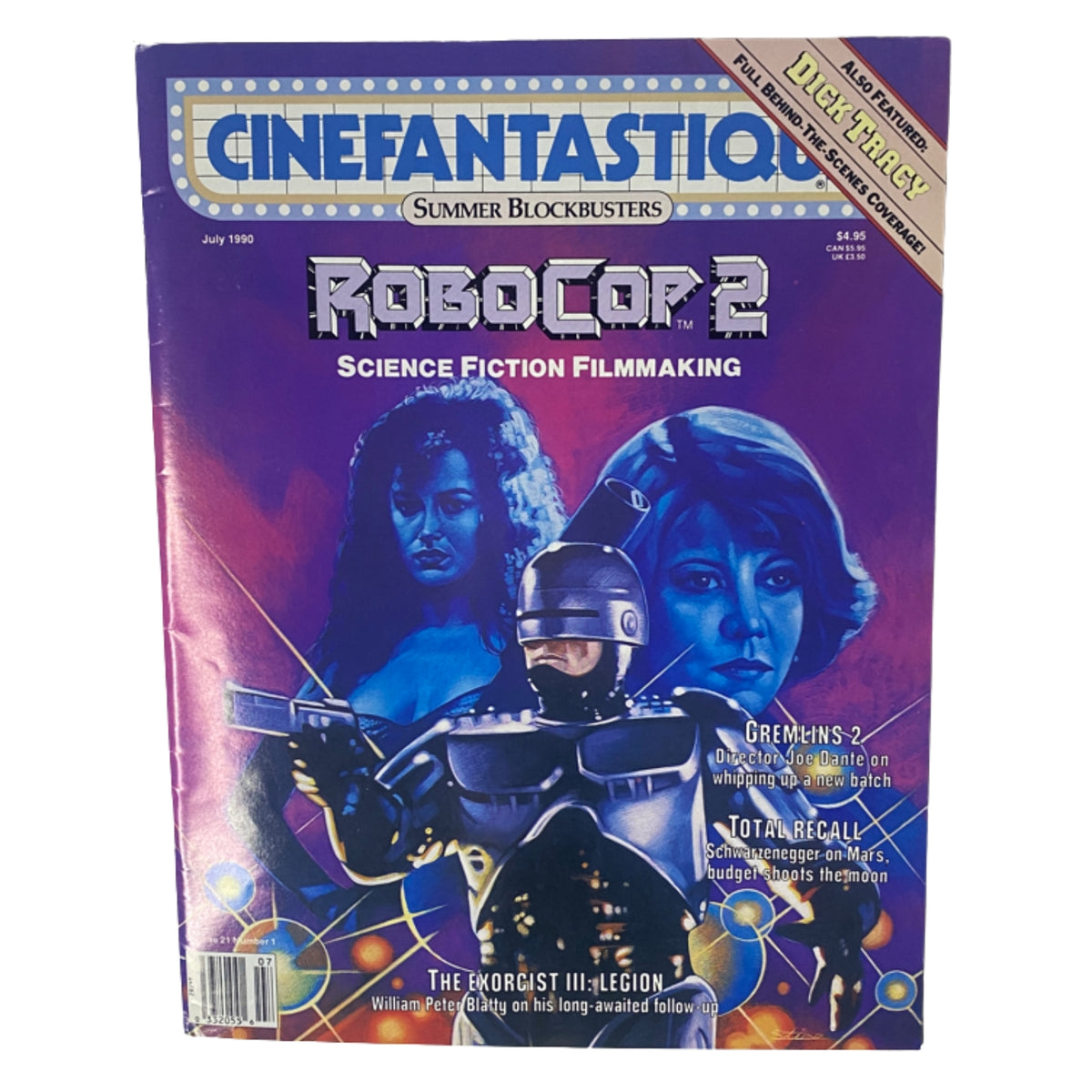 Cinefantastique Magazine July 1990 Cover featuring Robocop 2, showcasing vibrant artwork related to science fiction filmmaking along with mention of films like Gremlins 2, Total Recall, and Dick Tracy.