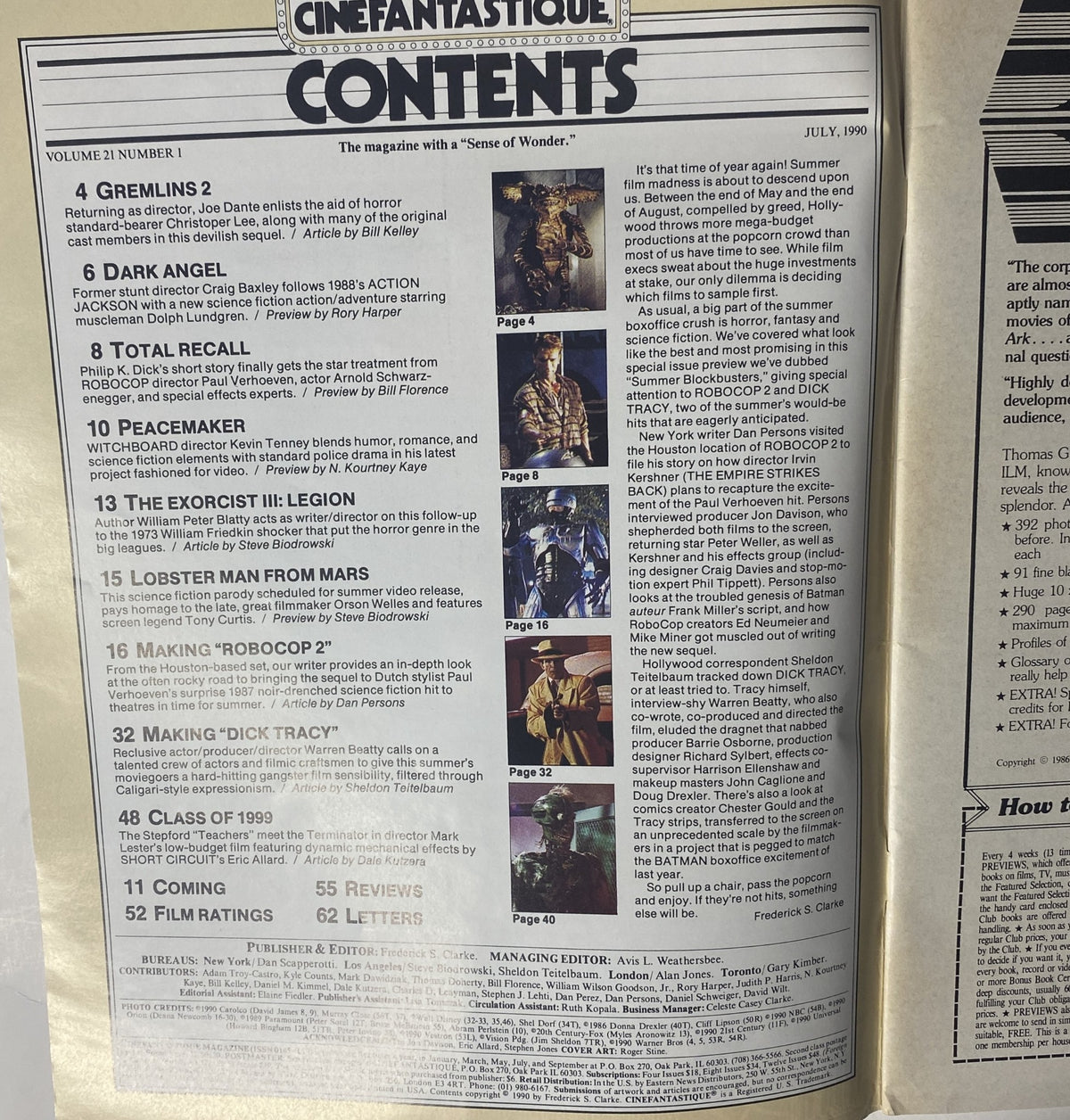 Inside contents page of Cinefantastique Magazine July 1990, Vol 21 No. 1, listing articles including Gremlins 2, Dark Angel, and Making Robocop 2, highlighting genre film features.