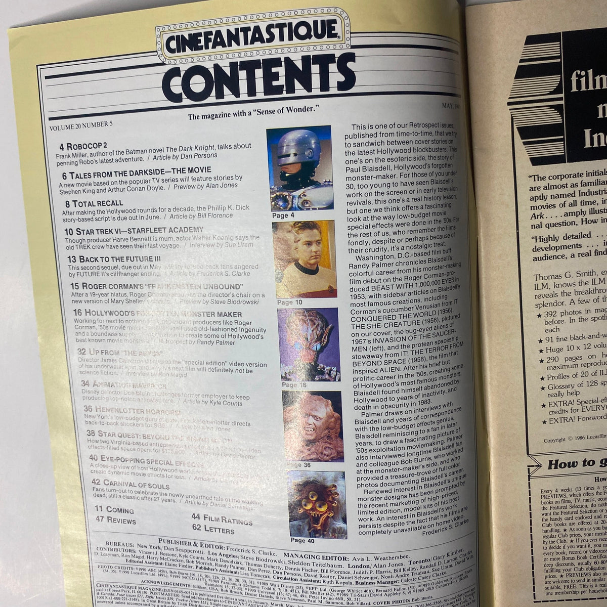 Contents page of Cinefantastique Magazine May 1990 listing featured articles including Robocop 2, Tales from the Darkside: The Movie, and Hollywood’s Forgotten Monster Maker.