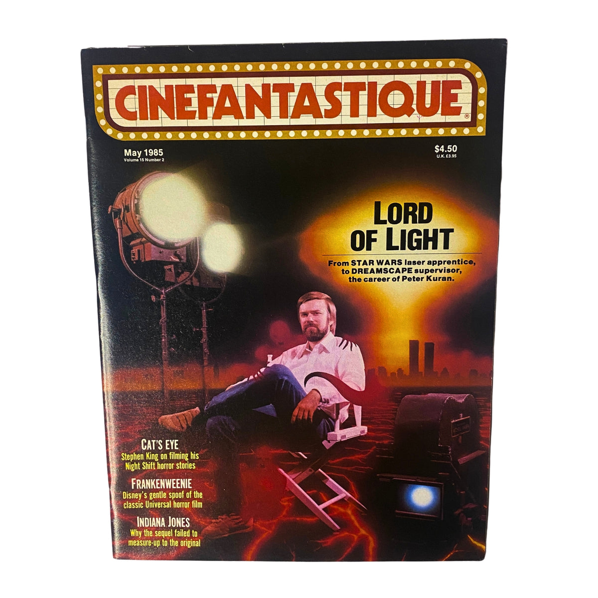 Cinefantastique Magazine May 1985 featuring Lord of Light, showcasing Peter Kuran. The cover includes imagery related to film production and highlights special effects.