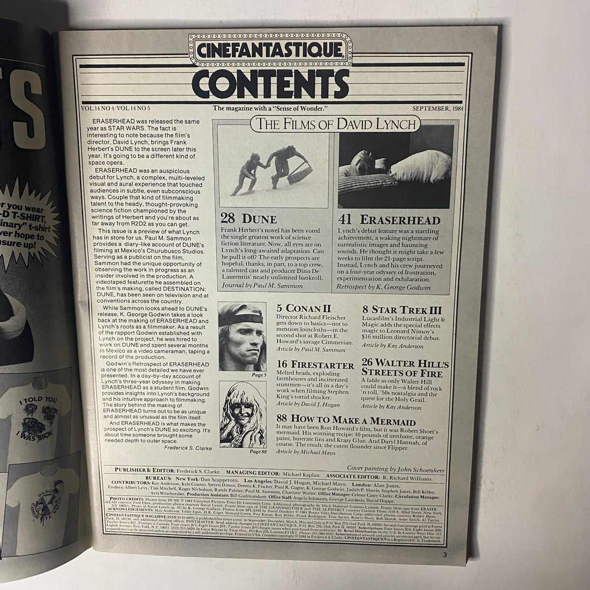 Contents page of Cinefantastique Magazine, September 1984, detailing featured articles including 'Dune' and 'Eraserhead', highlighting the films of David Lynch.