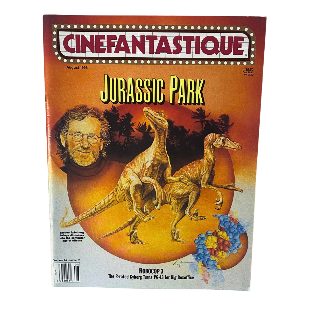 Cinefantastique Magazine August 1993 cover featuring Jurassic Park, with an illustration of dinosaurs and an image of Steven Spielberg, showcasing in-depth content about the movie's production.