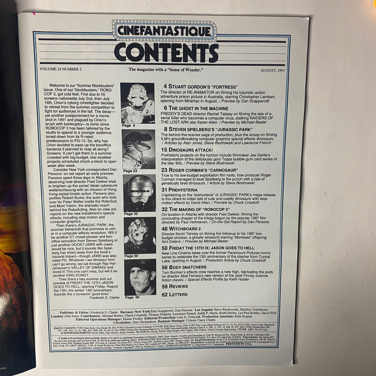 Table of contents from Cinefantastique Magazine August 1993, highlighting articles including Stephen Spielberg's Jurassic Park and other genre features.