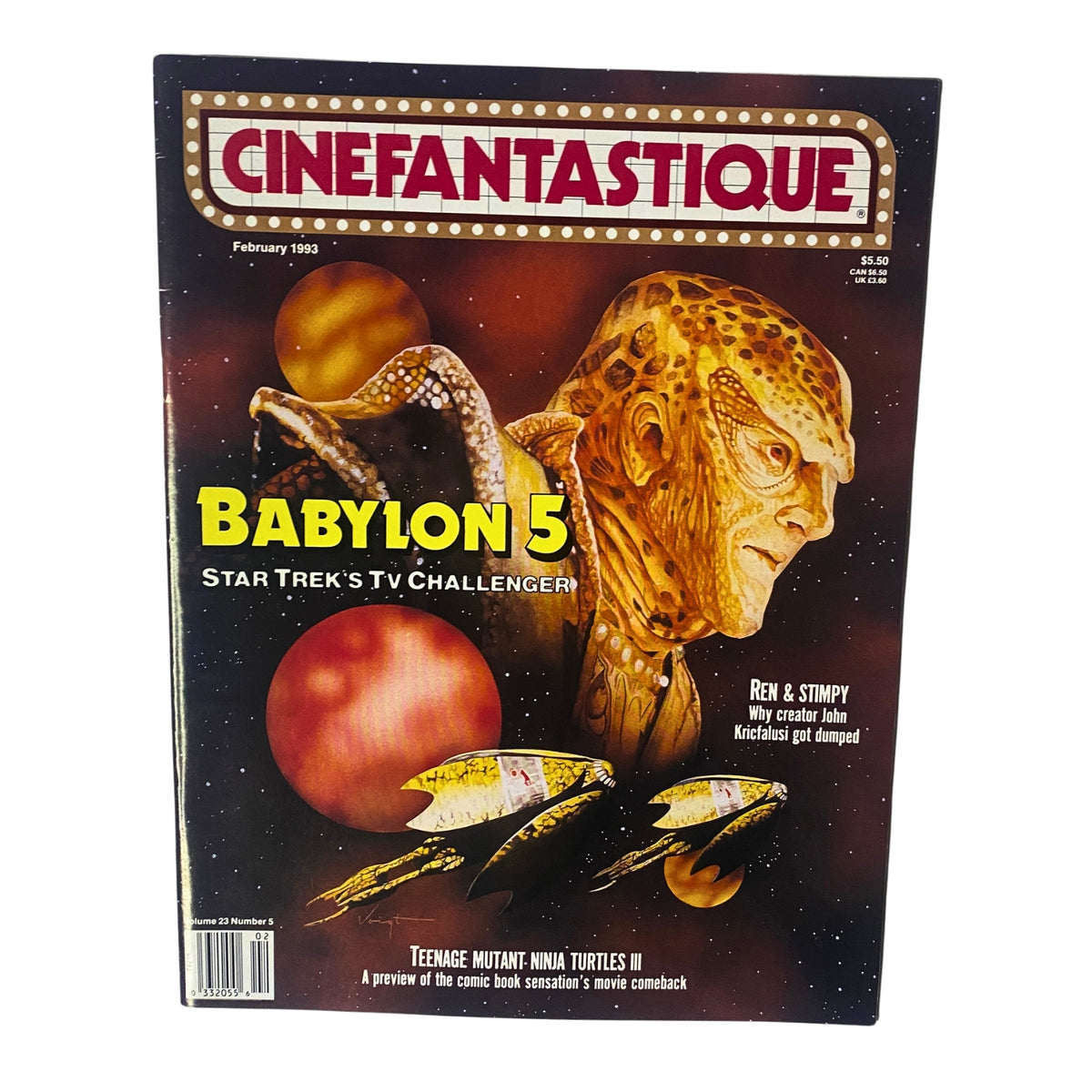 Cinefantastique Magazine February 1993 Vol 23 No 5 featuring Babylon 5 on the cover, showcasing an illustration of an alien character amidst vibrant planetary backgrounds and references to popular TV shows.
