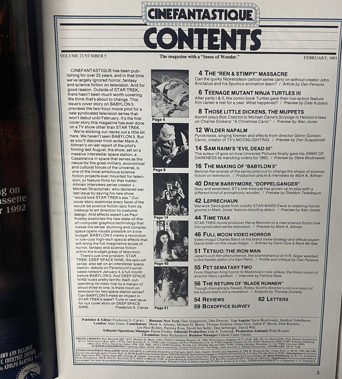 Contents page of Cinefantastique Magazine February 1993 Vol 23 No 5, detailing features such as 'Babylon 5', 'Ren & Stimpy', 'Teenage Mutant Ninja Turtles III', and interviews, with page numbers indicated for easy navigation.