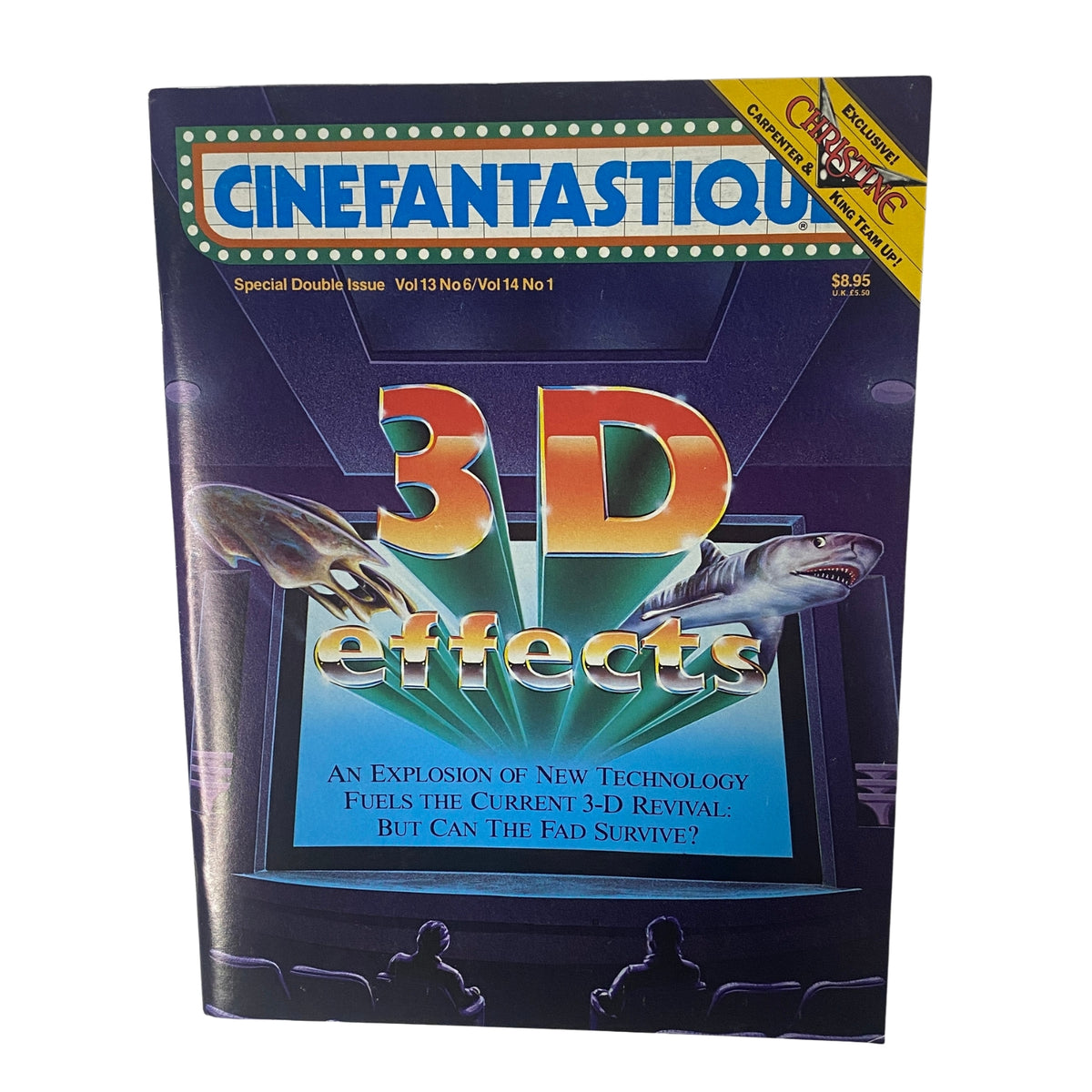 Cinefantastique Magazine September 1983 featuring 3-D Effects on the cover, showcasing a vibrant design with sci-fi themes including a shark and a futuristic screen; an iconic issue exploring the 3-D revival in cinema.