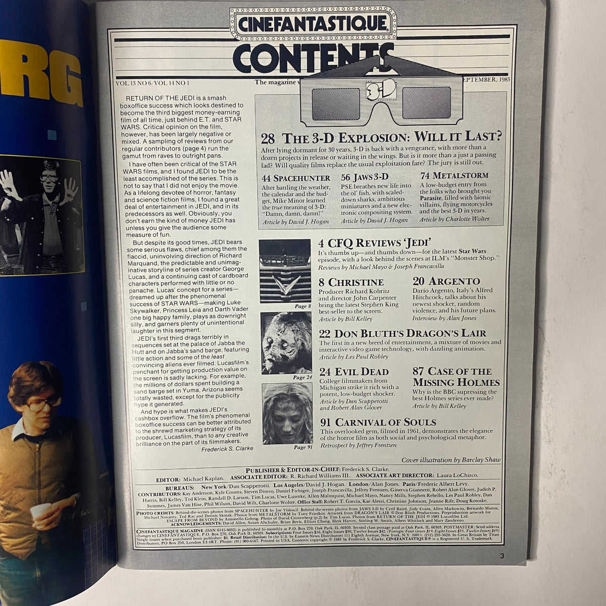 Contents page of Cinefantastique Magazine September 1983 highlighting key articles such as 'The 3-D Explosion: Will It Last?' and reviews of films like 'Return of the Jedi' and 'Christine', providing insights into 1980s cinema.